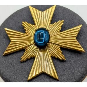 Rare Signed Vintage Miriam Haskell Gold Tone Blue Cabochon Maltese Cross Brooch